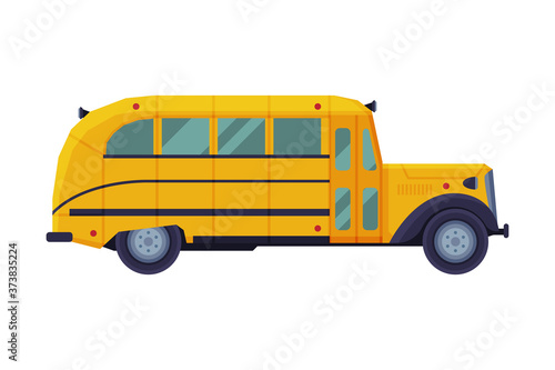 Vintage Yellow School Bus, Side View, School Students Transportation Vehicle Flat Style Vector Illustration