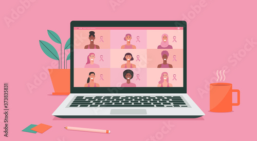 woman connecting together via video conference on laptop computer for breast cancer awareness month concept, vector flat illustration