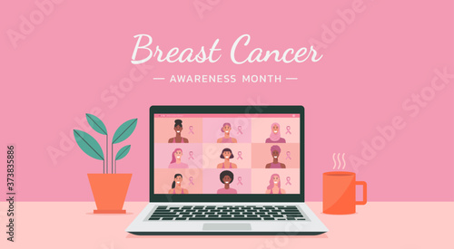 group of women video conference online on laptop screen for breast cancer awareness month with pink ribbon, vector flat illustration