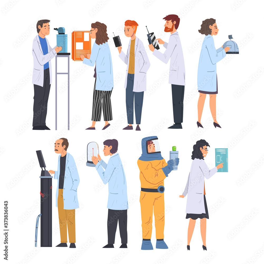 Scientists in Lab Set, Men and Women in White Coats Doing Medical, Physical, Chemical Researches with Laboratory Equipment Vector Illustration on White Background Scientists in Lab Set, Men and Women in White Coats Doing Medical, Physical, Chemical Researches with Laboratory Equipment Vector Illustration on White Background