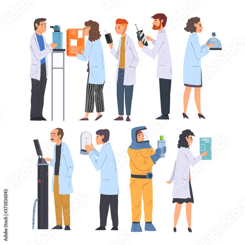 Scientists in Lab Set, Men and Women in White Coats Doing Medical, Physical, Chemical Researches with Laboratory Equipment Vector Illustration on White Background