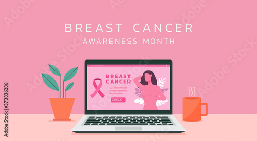 breast cancer awareness month with pink ribbon, beautiful woman on website on laptop screen for support and health care concept, vector flat illustration