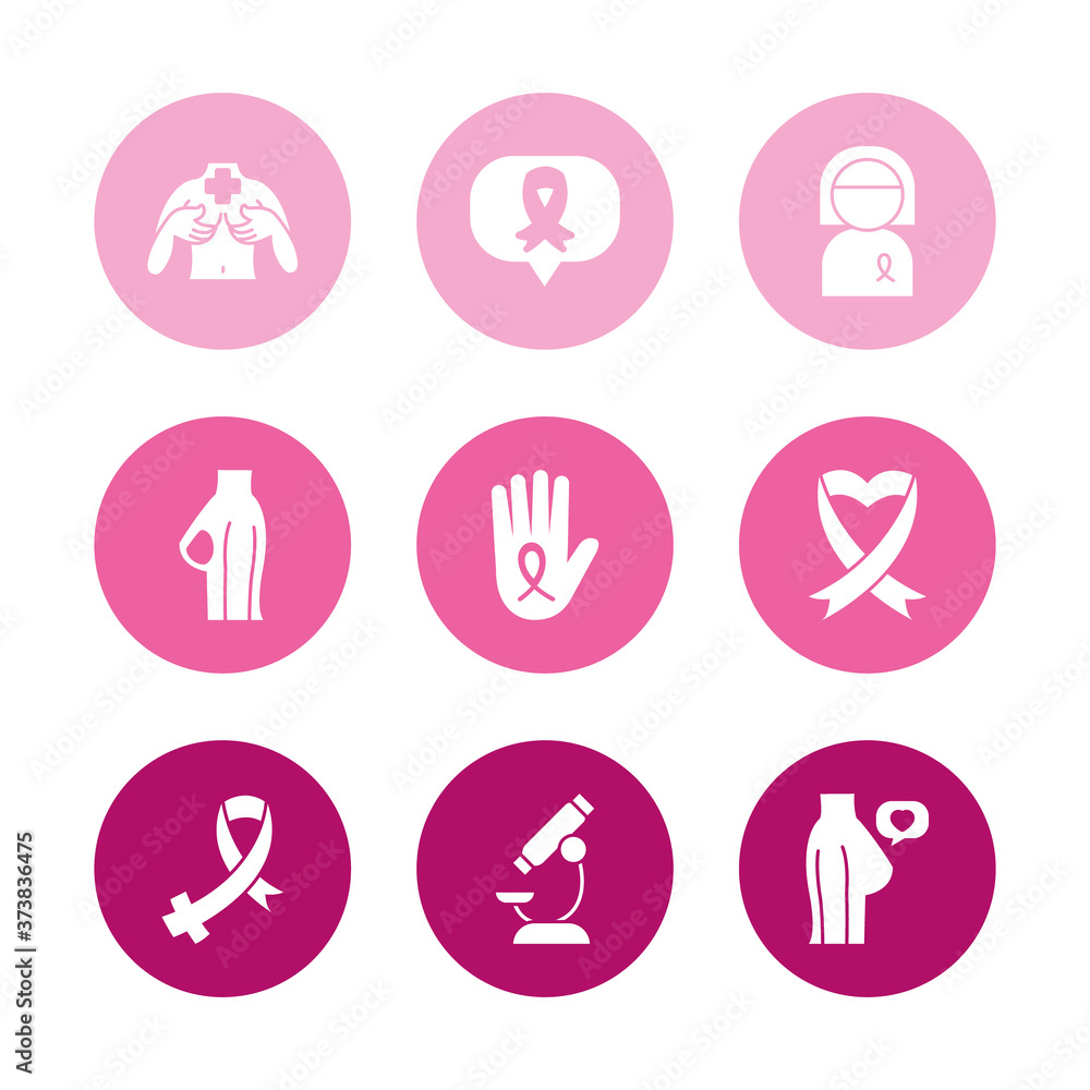 ribbons and breast cancer icon set, block style ribbons and breast cancer icon set, block style