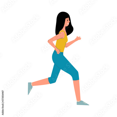 Female runner running and smiling isolated on white background