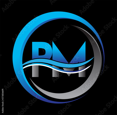 initial letter logo PM company name blue and grey color on circle and swoosh design. vector logotype for business and company identity.