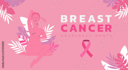 breast cancer awareness month web banner for charity campaign or disease prevention concept, beautiful bald woman cancer with pink ribbon, vector flat illustration