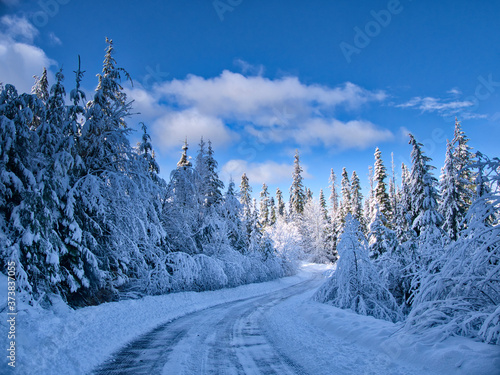 USA, Washington State, Cle Elum, Kittitas County. Colorful winter landscape of rural town. photo