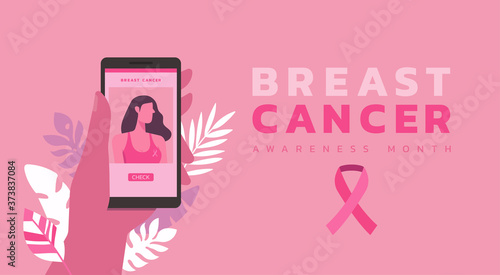 hand holding phone using mobile app to check breast cancer awareness month with pink ribbon web banner for support and health care concept, vector flat illustration