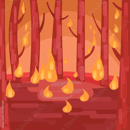 forest fire. Vector illustration. Trees are burning. The forest is dying of fire