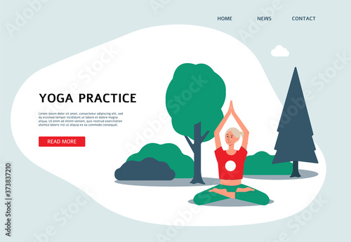 Yoga practice banner with woman doing workout in park flat vector illustration.