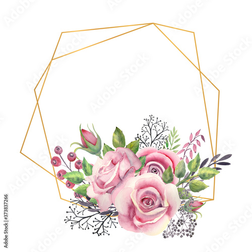Pink rose flowers, green leaves, berries in a gold geometric frame. Wedding concept with flowers. Watercolor compositions for the decoration of greeting cards or invitations