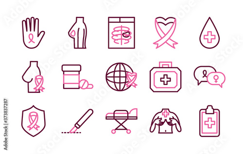 global sphere and breast cancer icon set, half color half line style