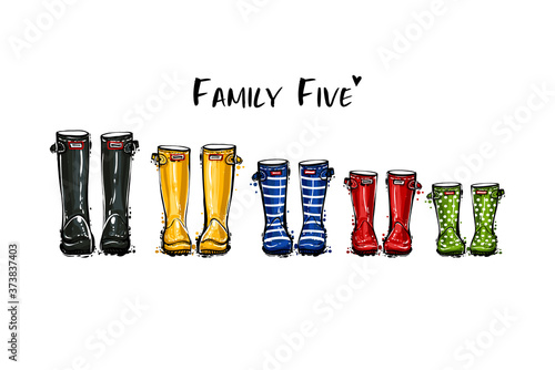 Happy home family five concept. Different colors wellies collection. Rubber boots autumn fall concept. Vector illustration in watercolor style. Decoration family card on white background.