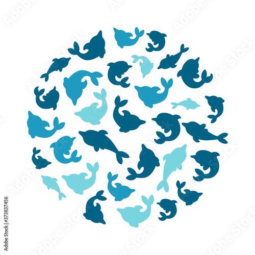 Round pattern with silhouettes of dolphins. Set of blue dolphins isolated in white background. Vector illustration