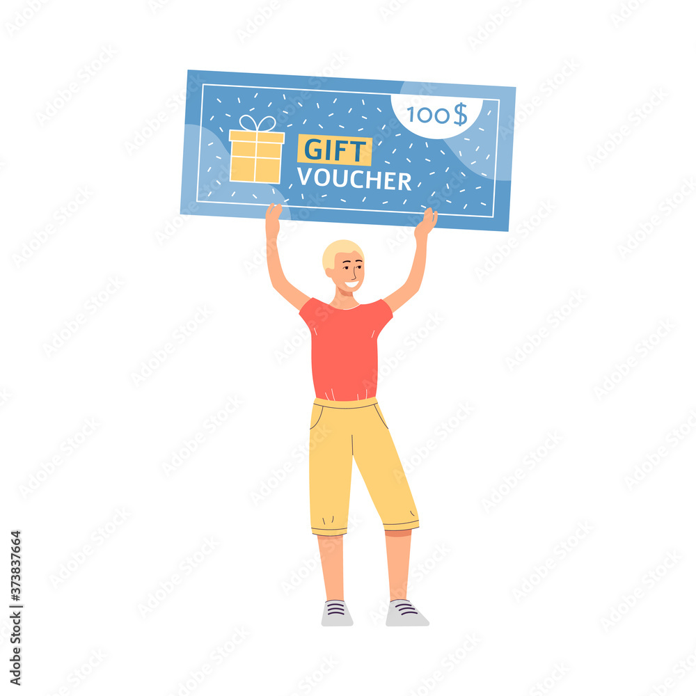 Man cartoon character holding gift voucher, flat vector illustration isolated. Man cartoon character holding gift voucher, flat vector illustration isolated.