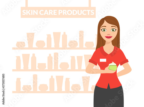 Skin Care Products, Female Cosmetic Seller Offering Beauty Cosmetic Products in Beauty Shop Vector Illustration