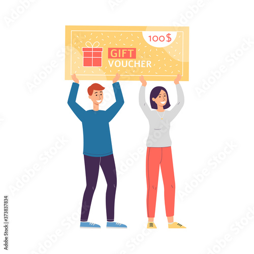 Man and woman characters with gift voucher, flat vector illustration isolated.