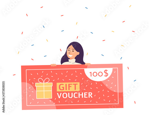 Woman holding gift certificate or voucher flat vector illustration isolated.