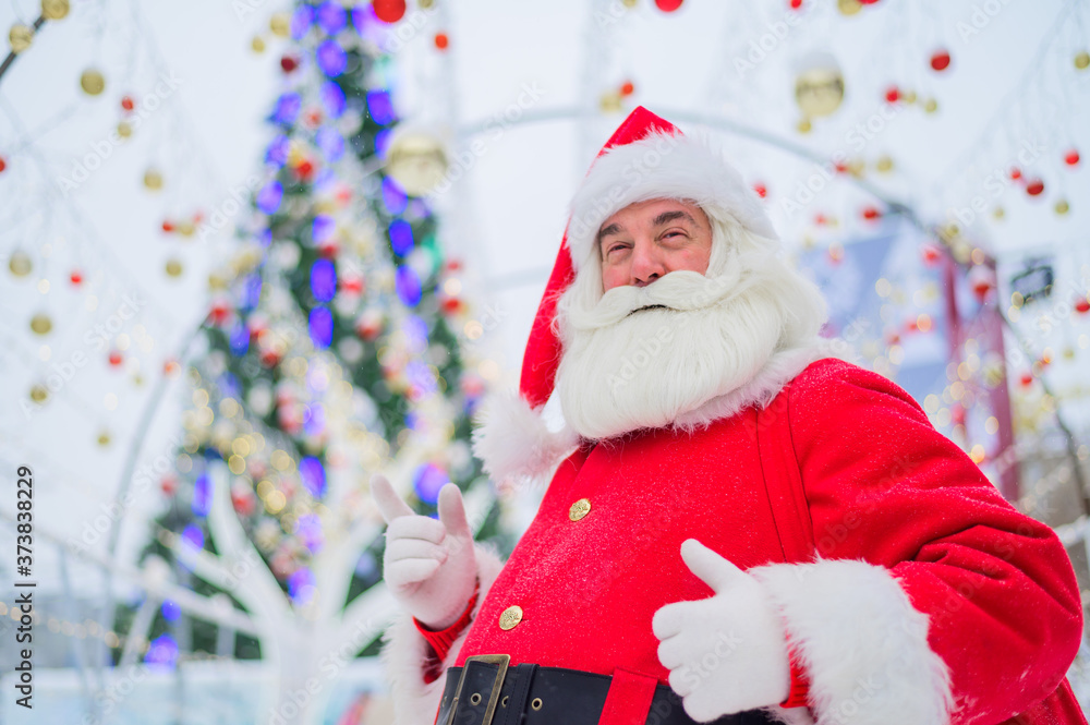 Portrait of an elderly man dressed as santa claus on the background of a christmas tree outdoors. Portrait of an elderly man dressed as santa claus on the background of a christmas tree outdoors.