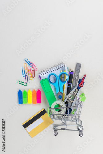 Shopping cart with school supplies. Back to school. Online shopping.