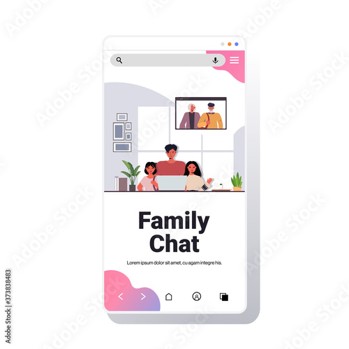 father and children having virtual meeting with grandparents in web browser window during video call family chat communication concept smartphone screen copy space portrait vector illustration