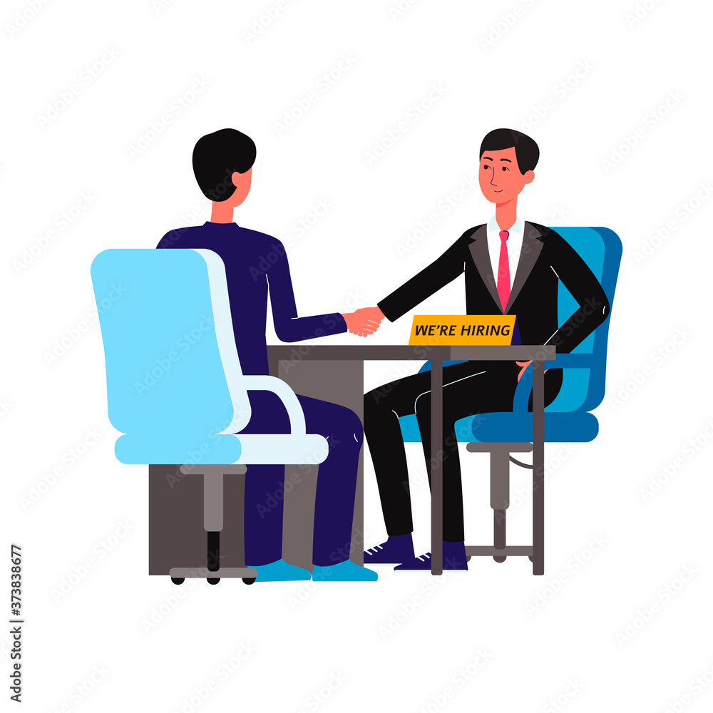 Two businessmen at HR interview - cartoon men shake hands sitting at desk