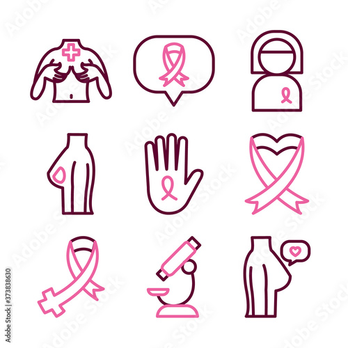 ribbons and breast cancer icon set, half color half line style