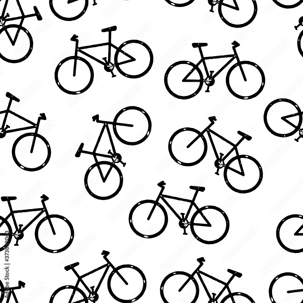 Bicycle seamless vector background. Bike pattern repeat black on white. Distressed grunge style. Monochrome hipster sport design for fabric, wrapping, sports wear, jersey, flyers. Bicycle seamless vector background. Bike pattern repeat black on white. Distressed grunge style. Monochrome hipster sport design for fabric, wrapping, sports wear, jersey, flyers.