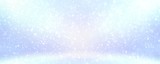 Light blue winter illustration. Fluffy snow falling in abstract 3d background. Blur textured pattern. New year decorative empty studio banner.
