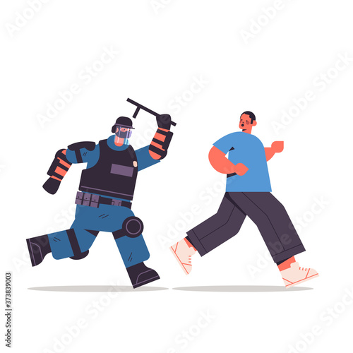 policeman in full tactical gear riot police officer attacking street protester in medical mask during clashes demonstration protest concept full length vector illustration