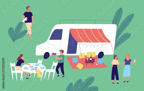 Cheerful friends relaxing together enjoying picnic vector flat illustration. ...