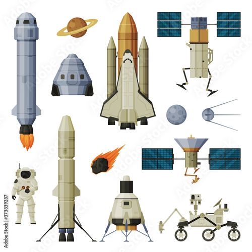Space Objects and Cosmos Exploration Equipment Collection, Astronautics and Space Technology Theme Flat Vector Illustration