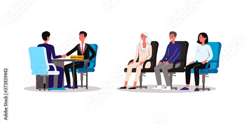 Job interview with candidates and recruiter flat vector illustration isolated.