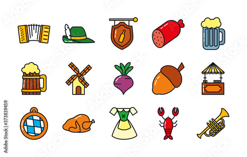 icon set of oktoberfest and trumpet, line and fill style