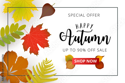 Autumn season advertising banner. Autumn falling red, yellow, orange, brown leaves on bright background. Sale banner template or promo poster.