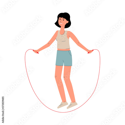 Cartoon woman skipping with jump rope isolated on white background.