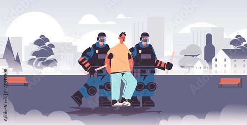 policemen in full tactical gear riot police officers arresting male street protester during clashes demonstration protest concept full length horizontal vector illustration
