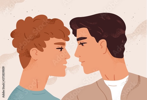 Two male gay looking to each other before first kiss vector flat illustration. Face profile of homosexual couple at romantic date. Enamored same sex pair. Concept of free love and tenderness