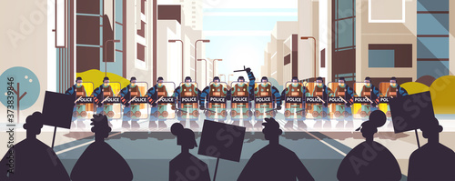 policemen in full tactical gear riot police officers controlling street protesters with placards during clashes demonstration protest riots mass concept cityscape horizontal vector illustration