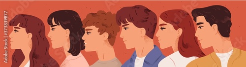 Group of young man and woman looking one direction vector flat illustration. Face profile of male and female characters. People association members. Teamwork, cooperation and friendship concept