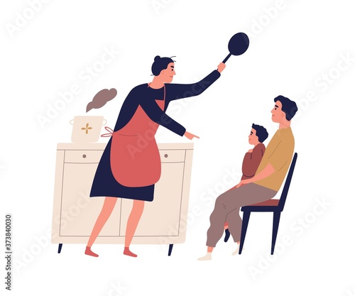 Angry housewife holding skillet scolding son vector flat illustration. Father protect little kid during quarrel isolated on white. Irritated mother shout to child during family conflict