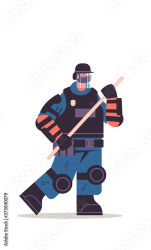 policeman in full tactical gear holding baton riot police officer protesters and demonstrations control concept full length vertical vector illustration