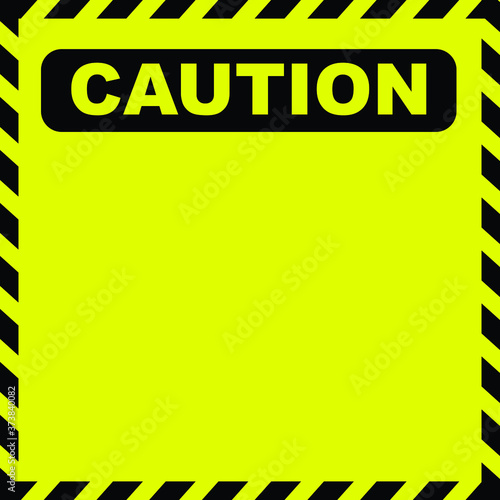 Caution sign at centre between black and yellow ribbons isolated on white background. Yellow circle with an exclamation mark and the text "attention". Design with attention icon for banner