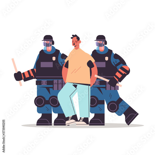 policemen in full tactical gear riot police officers arresting male street protester during clashes demonstration protest concept full length vector illustration