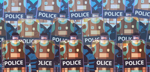 policemen in full tactical gear holding shields and batons riot police officers standing together demonstrations control concept horizontal vector illustration