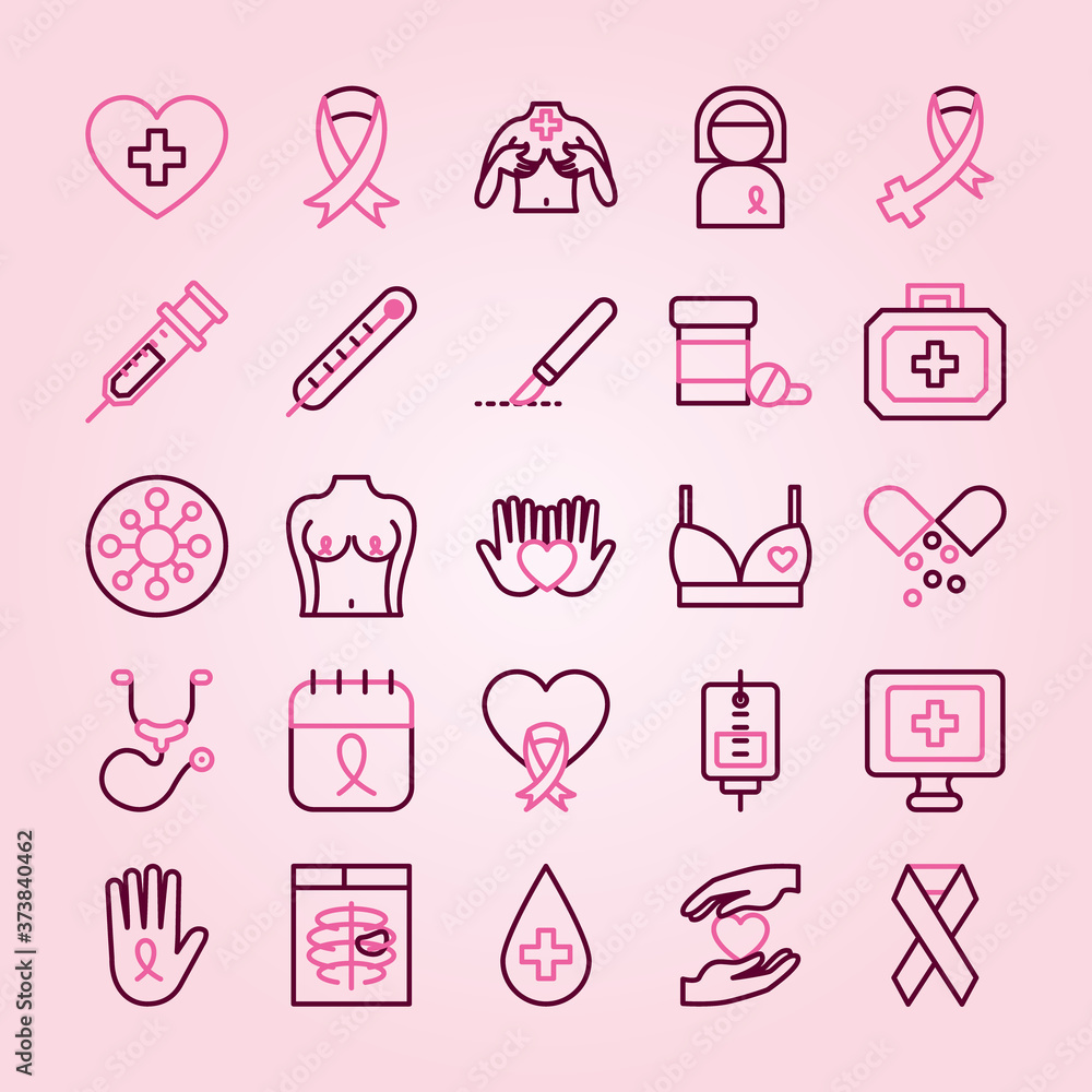 icon set of breast cancer and ribbons, half line half color style icon set of breast cancer and ribbons, half line half color style
