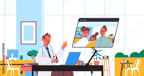 doctor using laptop consulting family patients during video call online consultation healthcare service medicine medical advice concept hospital office interior horizontal vector illustration