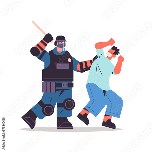 policeman in full tactical gear riot police officer attacking street protester in medical mask during clashes demonstration protest concept full length vector illustration