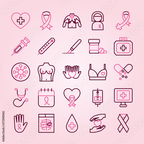 icon set of breast cancer and ribbons, half line half color style