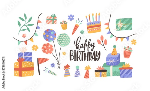 Set of hand drawn decoration with inscription Happy Birthday vector flat illustration. Collection of cone hat  garland flag  present boxes and balloons isolated. Festive objects with design elements